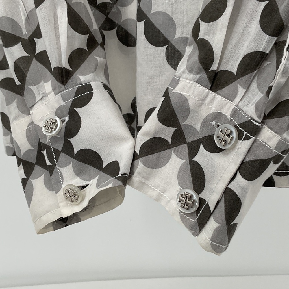 Tory Burch Logo Print Cotton Popover Utility Blouse Women’s 8 Gray White - Picture 8 of 14